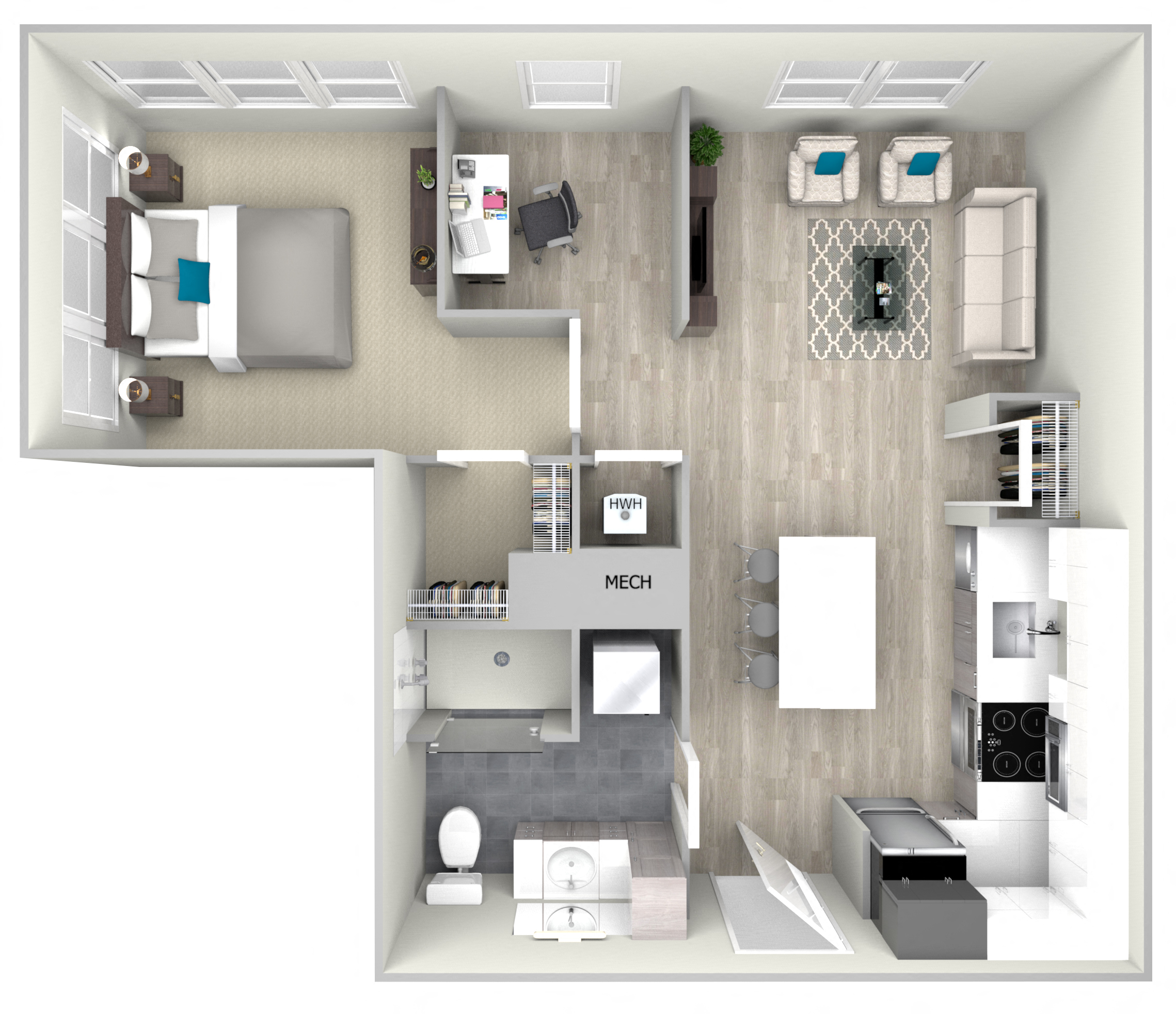 Floor plan for 1 bed, 1 bath, 753 sqft